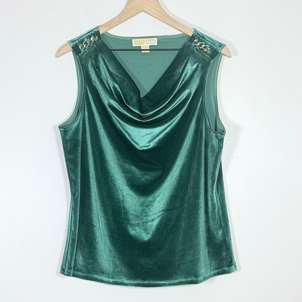 Michael Kors Womens Velvet Cowl Neck Top Size L Green Gold Chain Holiday Glam